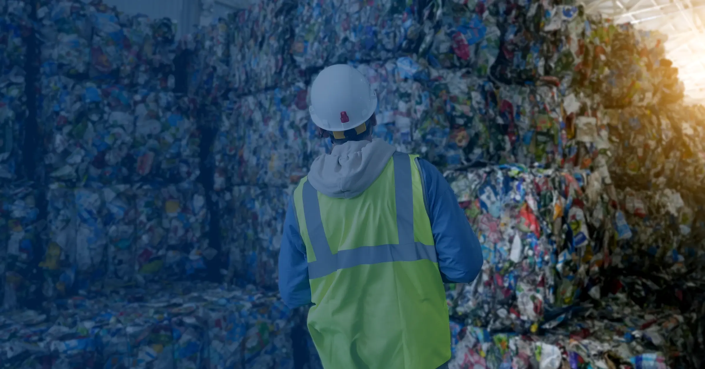 Baled recyclables stacked high inside a materials recovery facility, a worker in hi-vis checking the rows